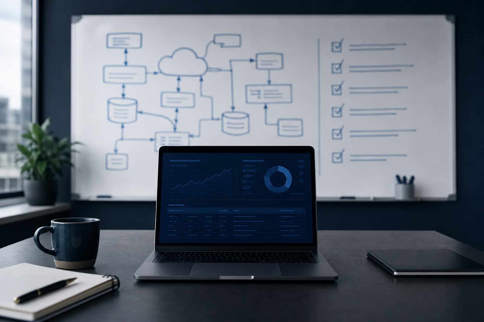 Laptop and whiteboard checklist representing AI pilot to production launch