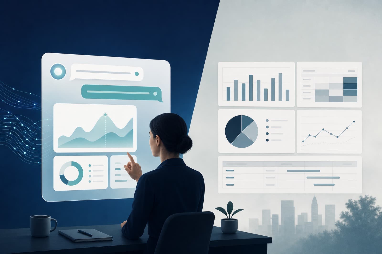 Modern analytics dashboard suggesting self-serve AI insights for business users
