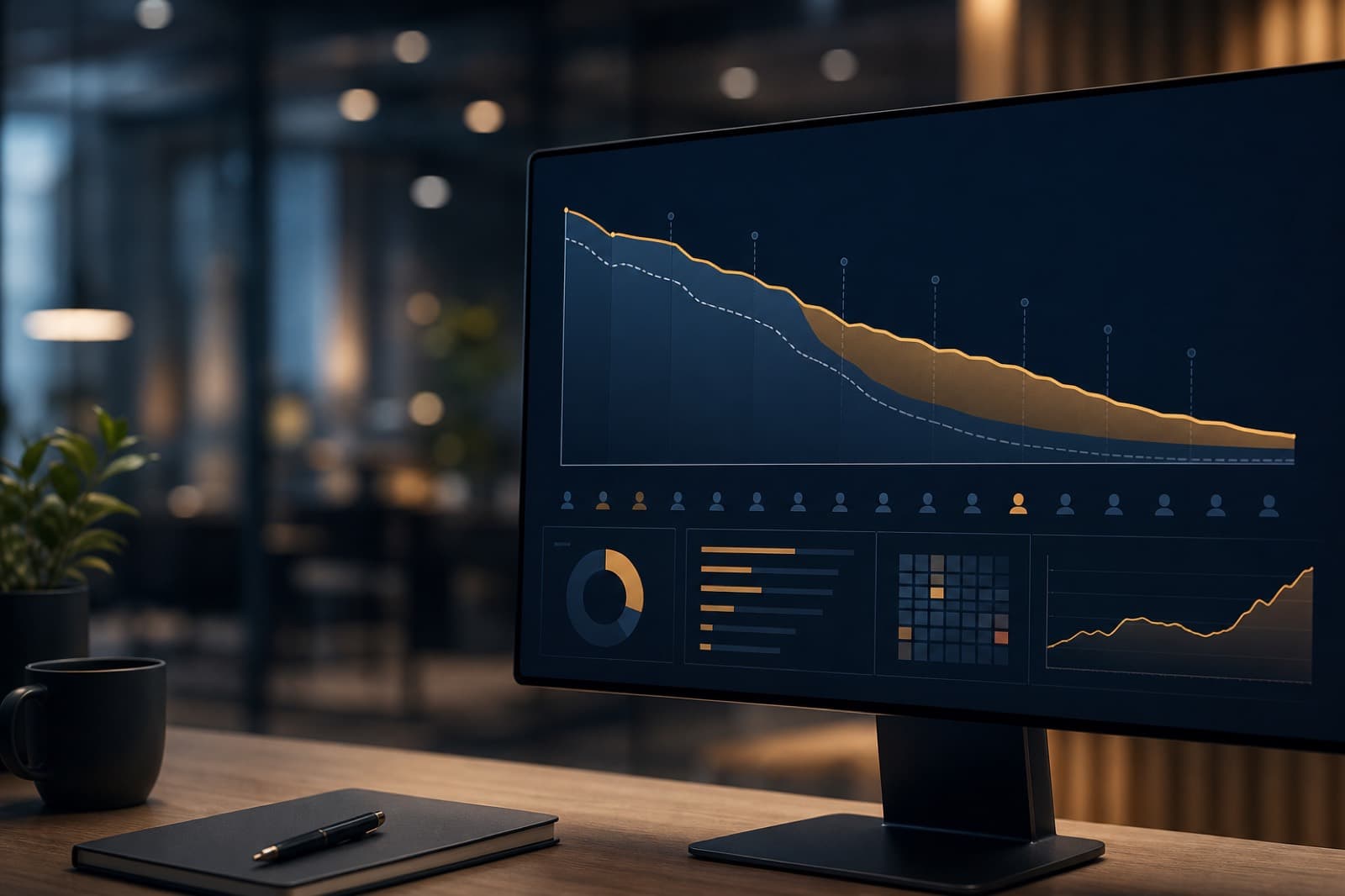 Abstract retention analytics visualization on a screen in an office