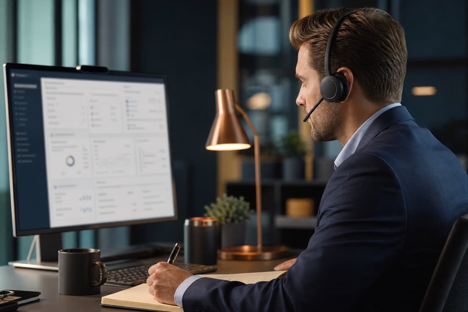 Sales professional preparing for a call with an AI-assisted workspace